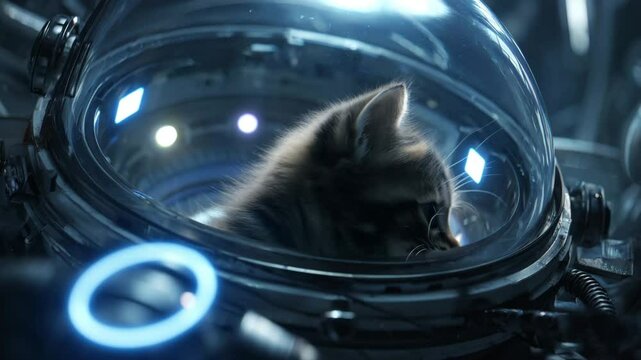 AI-generated illustration of a fluffy kitten inside a tiny space helmet gazing out with wide eyes