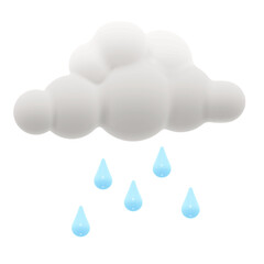 3D vector cartoon style cloud with raindrops. Weather rain icon, isolated on a white background.