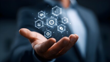 IT Consulting. Businessman holds digital consulting network connecting icon representing IT solutions, focusing on innovation, strategy, optimization, growth, and technology-driven success	