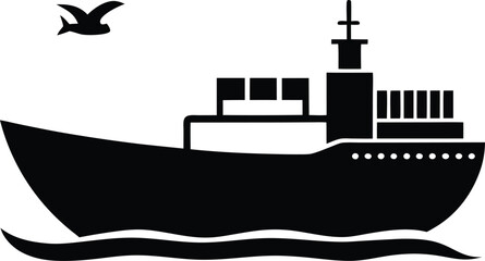 Fototapeta premium Cargo ship with bird flying above water silhouette vector illustration