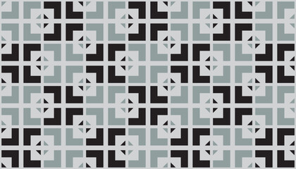Repeating abstract pattern with intersecting squares and plus-sign motifs in soft gray, black, and white tones