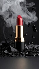 garnet color lipstick, black color powder splashes and smoke with copy space.