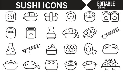 Set of clean and simple icons for sushi rolls, fish, and Asian cuisine