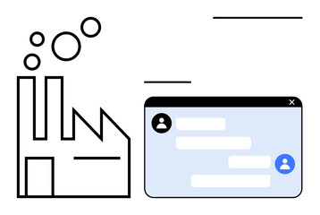 Factory exterior with chimneys emitting bubbles alongside a digital chat interface window. Ideal for manufacturing, communication, innovation, technology, business, collaboration, simple landing page