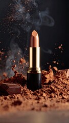 beige color lipstick, chocolate color powder splashes and smoke with copy space. 