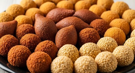 Close up of assorted sweet treats including laddu and coxinha on a plate ready to be served