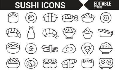 Illustrative icons of sushi rolls, sashimi, and condiments for culinary designs