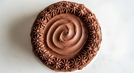 Aerial view of a chocolate frosted cake with decorative frosting on a white surface background