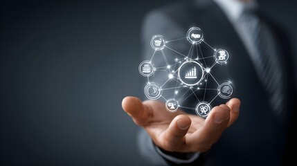 IT Consulting. Businessman holds digital consulting network connecting icon representing IT solutions, focusing on innovation, strategy, optimization, growth, and technology-driven success	