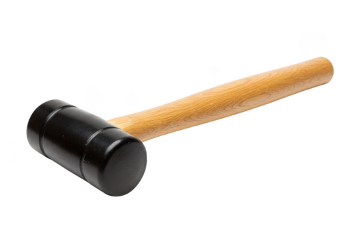 A rubber mallet with a wooden handle resting on a surface in a studio environment setting light on transparent background