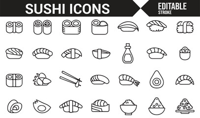 Minimalistic sushi icons representing rolls, rice, fish, and condiments