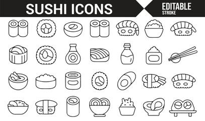Set of sushi icons depicting various sushi rolls, fish, and condiments