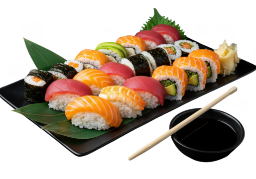 Assorted sushi rolls and nigiri on a platter with chopsticks and soy sauce for a japanese meal on transparent background