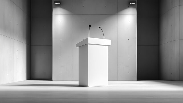 Modern black and white podium with microphones and clean lines ideal for corporate speaking events or conferences setup