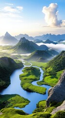 Breathtaking mountain panorama with mist-covered peaks, rolling green hills, a sparkling river, and soft golden sunrise lighting, creating a serene and ultra-realistic landscape.
