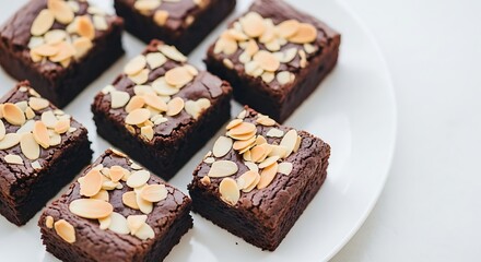 Close up of almond brownies arranged on a white plate in a well lit setting for dessert treats