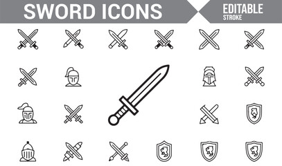 Collection of icons featuring knights, weapons, and shields for battle-themed projects