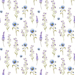 Seamless pattern with watercolor wildflowers in blue and purple tones on a white background.