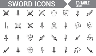 Icons of medieval swords, shields, and knights for historical and fantasy designs