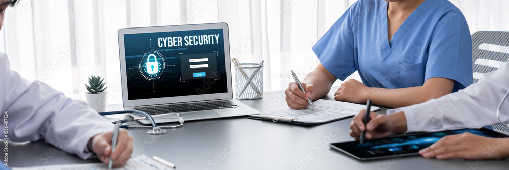 Poster cyber security system on computer screen protect private information brisk from hacker and cyber att