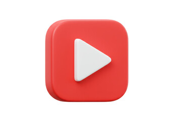 A vivid rendering of a red square with a white play button centered on a dark plane surface on transparent background