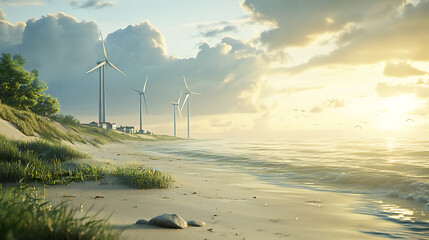 Obraz premium A bright clear day with wind turbine on the beach
