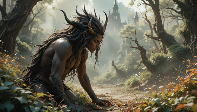 A horned woodland creature rests near a mysterious castle nestled among lush green trees and plants in a serene natural setting.