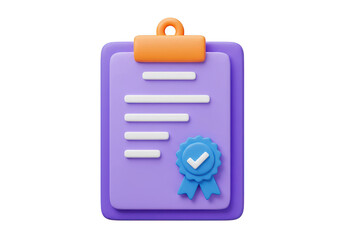Purple clipboard with orange clip and blue seal of approval with check mark illustration on transparent background