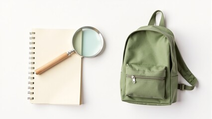 Green Backpack, Notebook, and Magnifying Glass