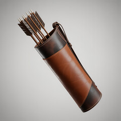 Leather quiver filled with arrows isolated on a transparent background archery brown