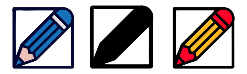 Colorful Pencil Icons Blue, Black, and Red Pencil Illustrations in Square Frames. Perfect for Designs, Websites, and Apps.