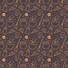 Naklejka premium Whimsical halloween pattern featuring witches hats cauldrons skulls ghosts candles and gems