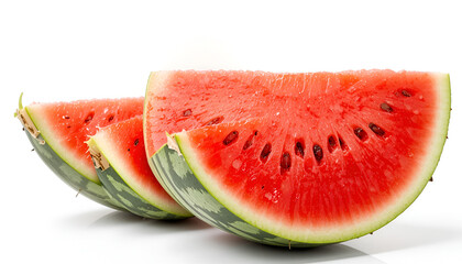 Three watermelon slices display their vibrant red flesh and dark seeds against a stark white backdrop.