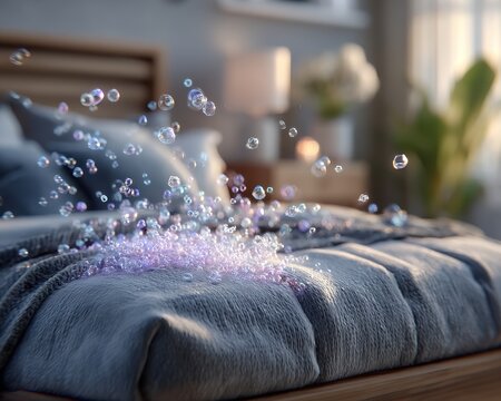 Bubbles burst on a bed in a soft lit, cozy bedroom scene