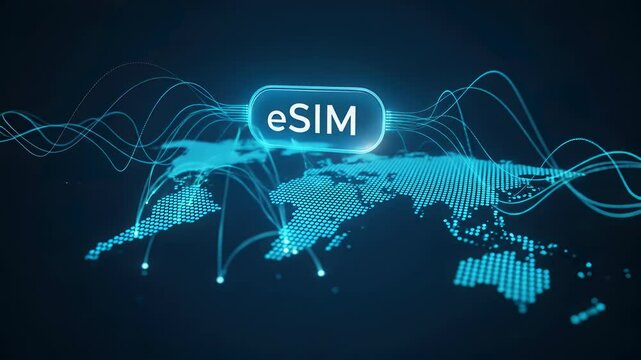 eSIM digital connectivity concept with glowing world map