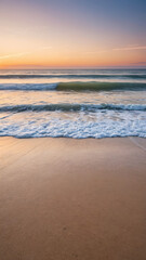 Fototapeta premium Serene Wide Shot of an Empty Beach at Sunrise with Pastel Sky and Gentle Waves for Wellness Retreats and Travel Destination Advertising