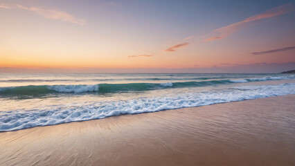 Obraz premium Serene Wide Shot of an Empty Beach at Sunrise with Pastel Sky and Gentle Waves for Wellness Retreats and Travel Destination Advertising