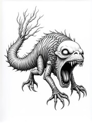 Obraz premium A monstrous creature in a grayscale drawing style, screaming in terror. The creature is rendered in detail, showing its sharp teeth and menacing expression.