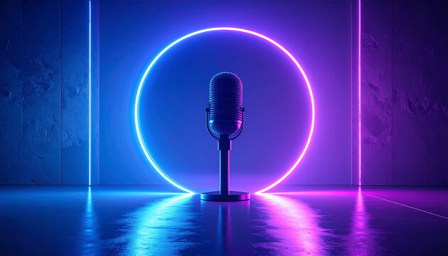 Retro microphone in a vibrant neon-lit studio with blue and pink lights, symbolizing podcasting, music, and modern audio technology. - Powered by Adobe