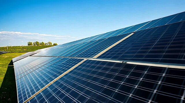 Solar panels installed on a hillside under a clear blue sky with green fields in the background