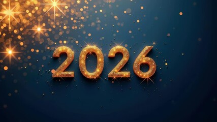 Elegant 2026 text in gold glitter style surrounded by twinkling lights and festive sparkles on blue background, ideal for seasonal greetings, party invitations, or web promotions