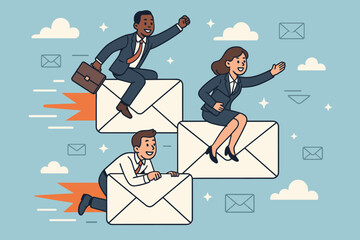 Successful business team flying on email rockets. Metaphor for fast email marketing, digital newsletter campaign, online promotion, and direct mailing. Vector cartoon illustration.