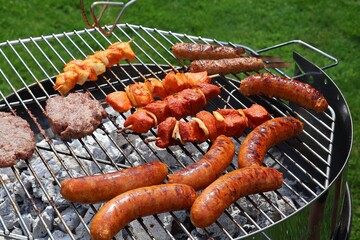 Grilled meat on the barbecue. Sausages, satay, hamburger are fried and grilled on a grid with...