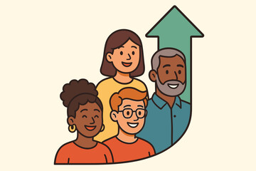 Diverse group of people forming upward arrow, symbolizing teamwork, growth, progress, leadership, unity, community development, success, multicultural collaboration, cartoon vector illustration