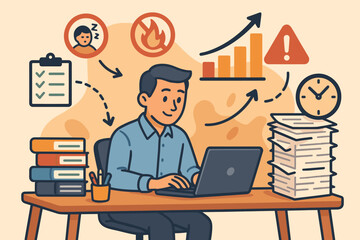 Overworked Office Employee Stress Concept. Cartoon Vector Illustration of Businessman at Desk with Laptop, Paperwork, Deadlines, Burnout, Productivity Challenges, Task Management, Workflow Risks