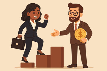 Ambitious businesswoman climbing career ladder with briefcase, receiving support and investment opportunity from male mentor or investor. Success, leadership, partnership, financial growth concept