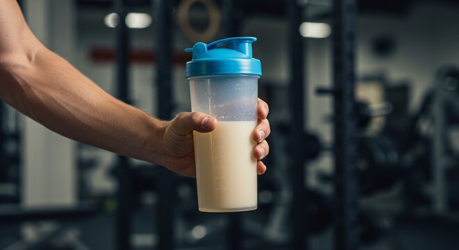 Hand Holding Protein Shake Bottle in Blurred Gym Setting (1)