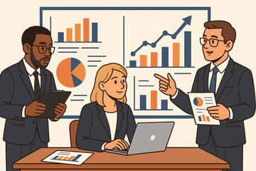 Business team analyzing financial data and statistics. Vector illustration of professionals in suits discussing charts, graphs, and reports for strategy, planning, and corporate growth insights.