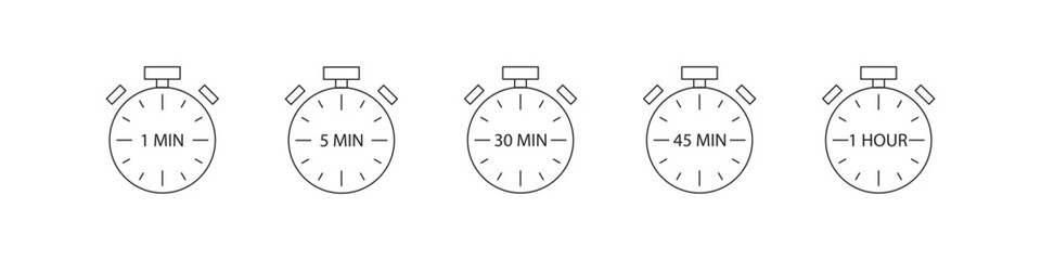Minimalist stopwatch icon set representing different time durations: 1 minute, 5 minutes, 30 minutes, 45 minutes, and 1 hour. Perfect for UI/UX design, time management apps, fitness trackers, or video