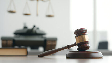 Justice and Conflict: Gavel rests before scales of justice and tank model, symbolizing challenges and considerations surrounding war crimes.